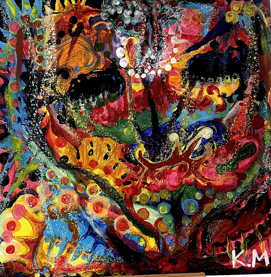 Image of A Face with a Flower Growing Beneath Its Chin and Eyes Looking Out from Its Palms by Kira Mykytenko, size: Canvas 30 х 30 сm, made of Acrylics, pastels, Painting medium, from Ukraine, priced at Price on request