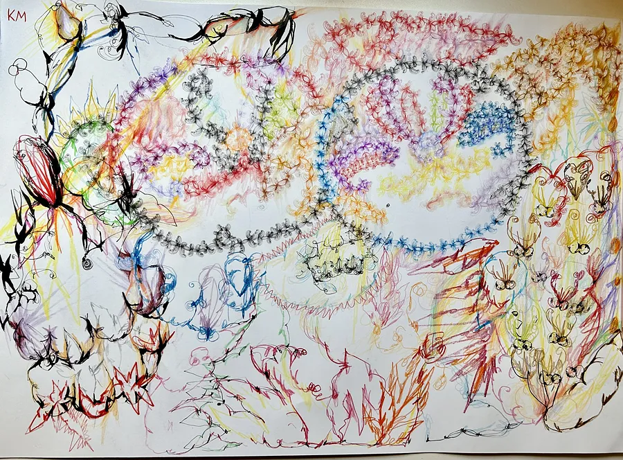 Image of Two, Fused by Cheeks, Beneath Wings and Eyes by Kira Mykytenko, size: Paper 42 x 59 ,4 см, made of Pencils, liners , Graphics medium, from Ukraine , priced at Price on request