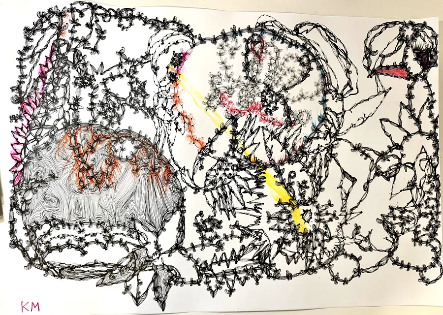 Image of Sunraybreasted. Self-assembled. by Kira Mykytenko, size: Paper 42 x 59 ,4 см, made of Pencils, liners , Graphics medium, from Ukraine, priced at Price on request