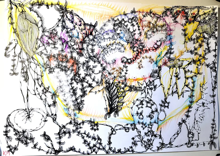 Image of Twin-Star Necklace. Ascended Droplet. by Kira Mykytenko, size: Paper 42 x 59 ,4 см, made of Pencils, liners , Graphics medium, from Ukraine, priced at Price on request