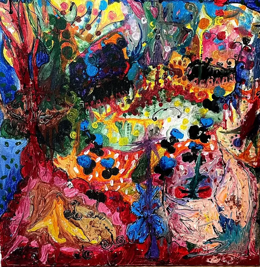 Image of Imperceptibly losing her eyelashes in her beautiful dress by Kira Mykytenko, size: 40x40 cm, made of Canvas, acrylic and oil paints, Painting medium